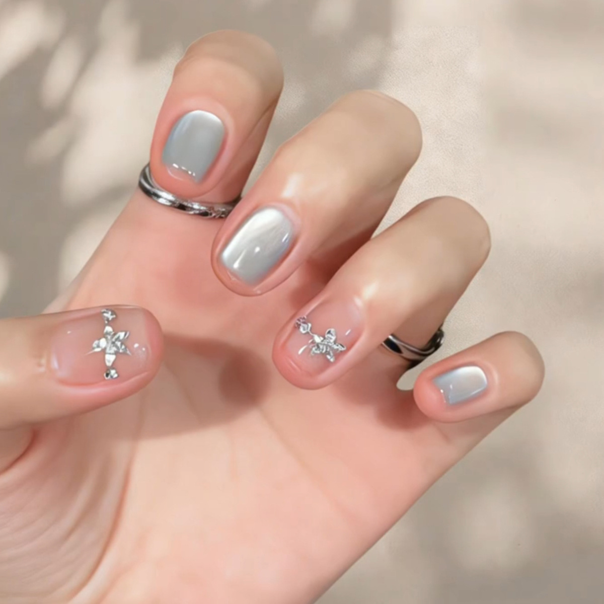 Pressed Flower Art - 24Pcs Cat's Eye Simple Glitter Nails